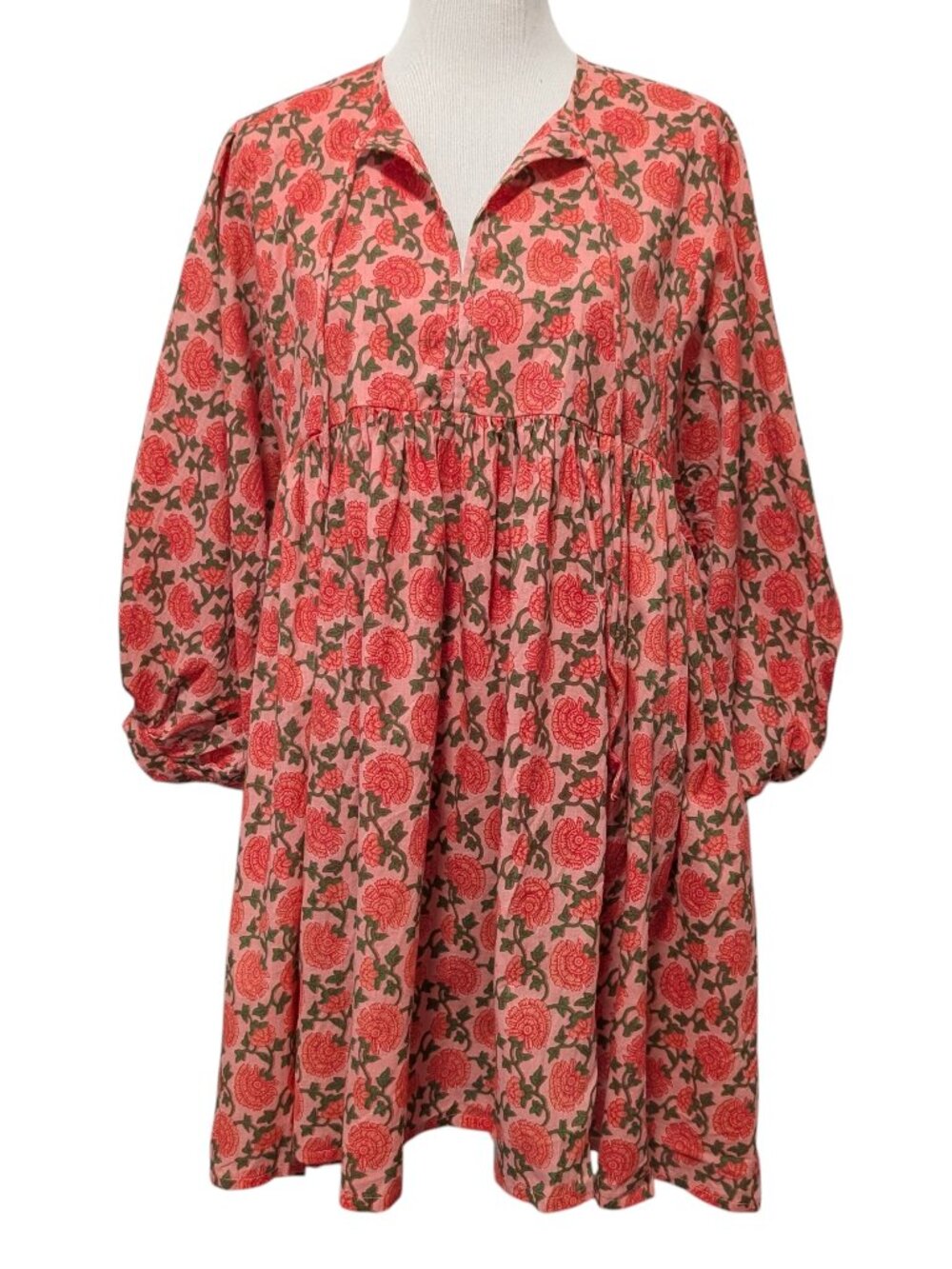 House Of Sundar Women Sz L Maya Saffron Sun Floral Block Print Cotton Mini Dress
